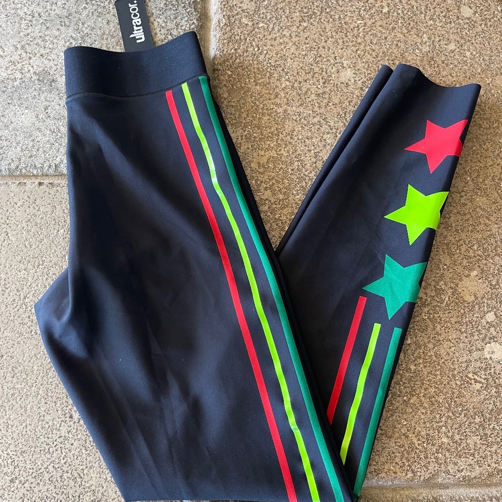 NWT XS Ultracor Black Leggings With Tri Color Stripes And Stars